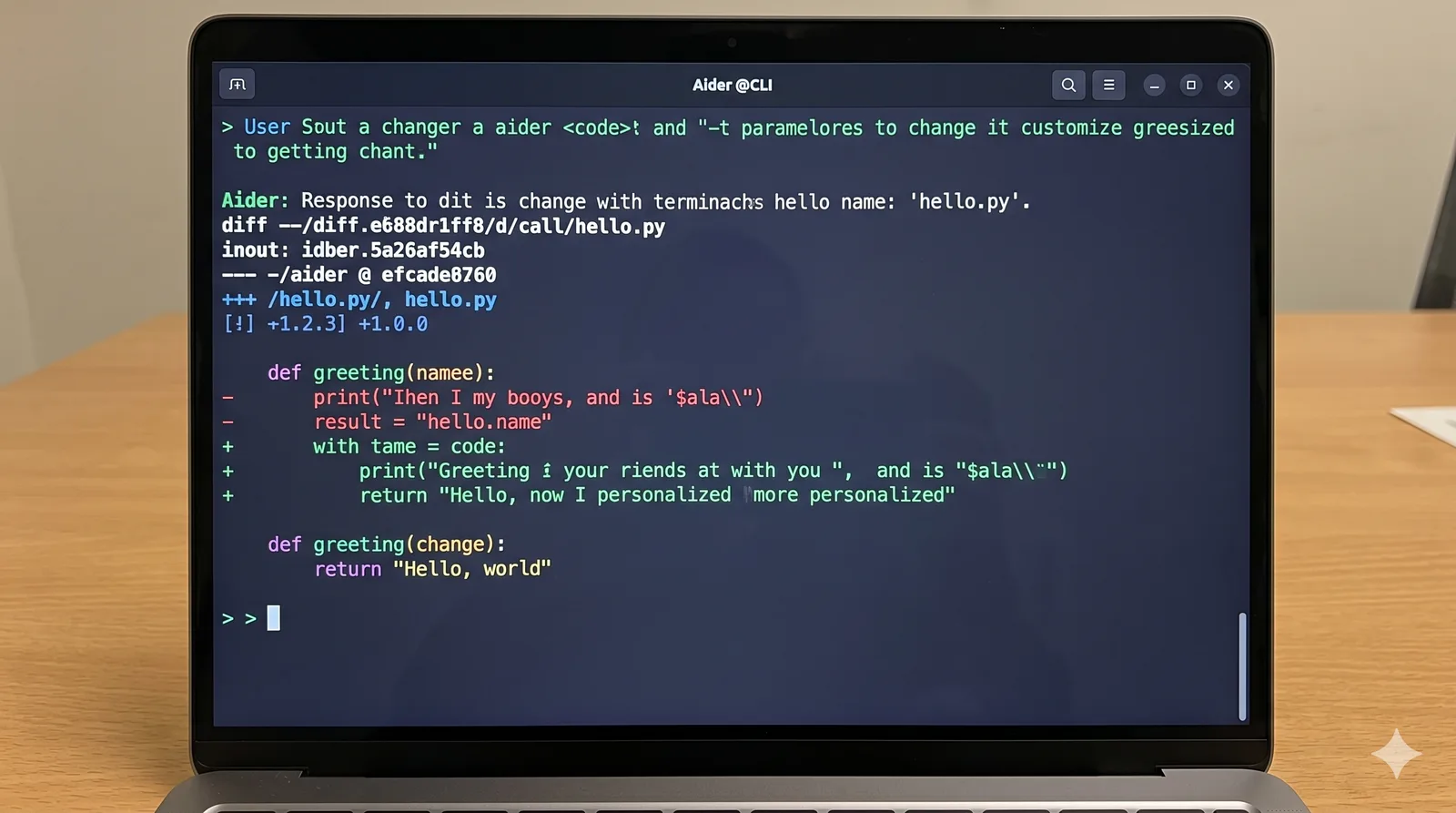 Aider CLI running in terminal with code diff